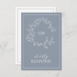 Dusty Blue Leafy Crest Monogram Wedding RSVP Card