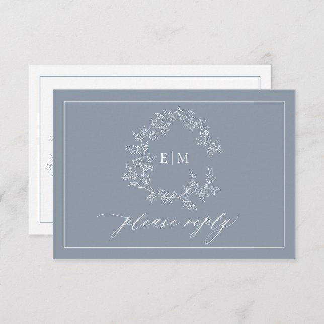 Dusty Blue Leafy Crest Monogram Wedding RSVP Card (Front/Back)