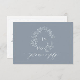 Dusty Blue Leafy Crest Monogram Wedding RSVP Card