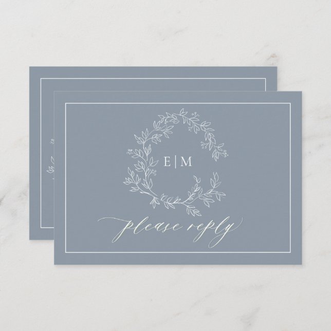 Dusty Blue Leafy Crest Monogram Wedding RSVP Card (Front/Back)
