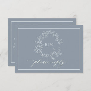 Dusty Blue Leafy Crest Monogram Wedding RSVP Card