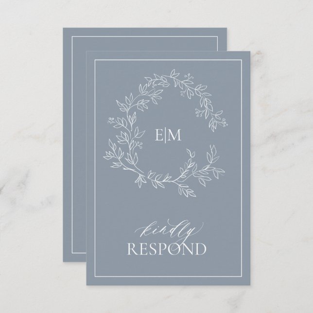 Dusty Blue Leafy Crest Monogram Wedding RSVP Card (Front/Back)