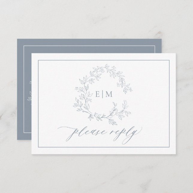 Dusty Blue Leafy Crest Monogram Wedding RSVP Card (Front/Back)