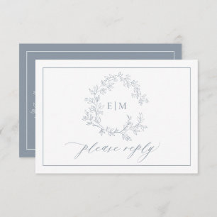 Dusty Blue Leafy Crest Monogram Wedding RSVP Card
