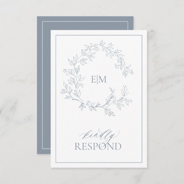 Dusty Blue Leafy Crest Monogram Wedding RSVP Card (Front/Back)