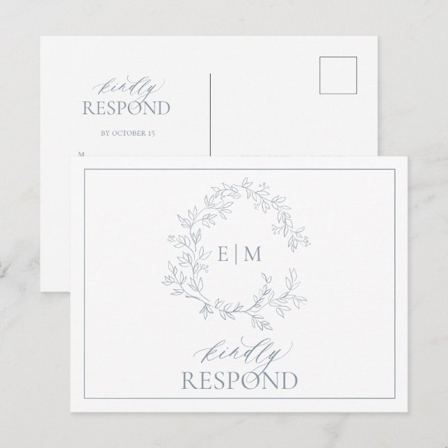 Dusty Blue Leafy Crest Monogram Wedding RSVP Invitation Postcard (Front/Back)