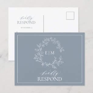Dusty Blue Leafy Crest Monogram Wedding RSVP Invitation Postcard