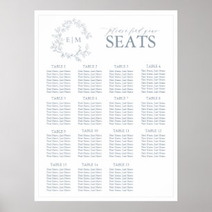 Dusty Blue Leafy Crest Monogram Wedding Seating Poster