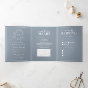 Dusty Blue Leafy Crest Monogram Wedding Tri-Fold Invitation
