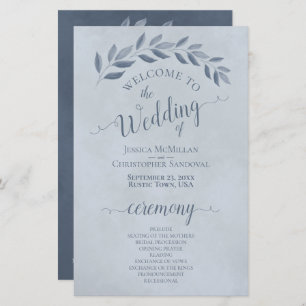 Dusty Blue Leaves Elegant Budget Wedding Program