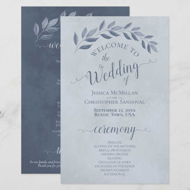 Dusty Blue Leaves Elegant Budget Wedding Program (Front/Back)
