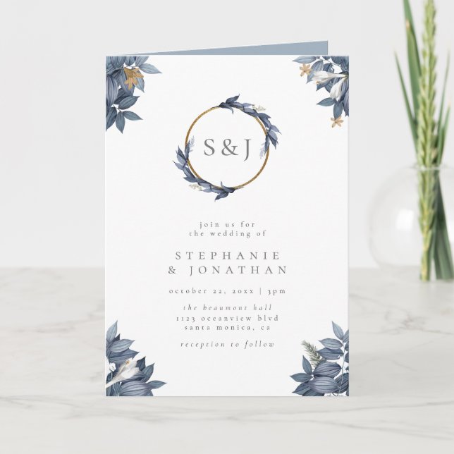 Dusty Blue Leaves & Gold Glitter Monogram Wedding Invitation (Front)