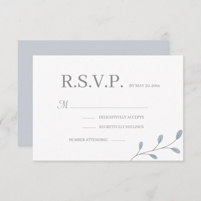 Dusty Blue Leaves Minimalist Wedding RSVP Invitation (Front/Back)