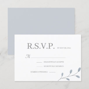 Dusty Blue Leaves Minimalist Wedding RSVP Invitation
