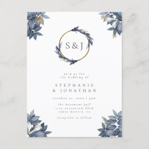 Dusty Blue Leaves & Modern Gold Monogram Wedding Invitation Postcard
