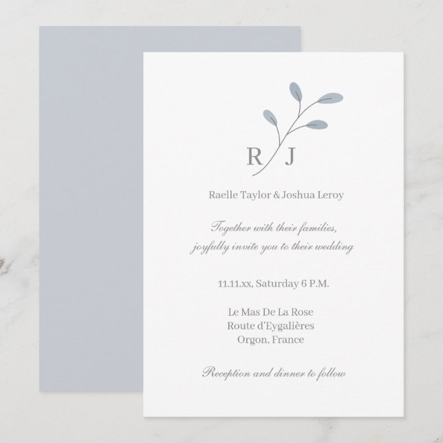 Dusty Blue Leaves Monogram Botanical Wedding Invitation (Front/Back)