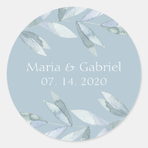 Dusty blue leaves Personalised wedding Classic Round Sticker
