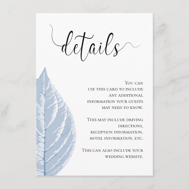 Dusty blue leaves Wedding Details Enclosure Card (Front)
