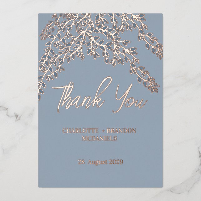  Dusty Blue Leaves Wedding Thank You Rose Gold   (Front)