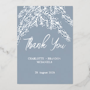 Dusty Blue Leaves Wedding Thank You Silver