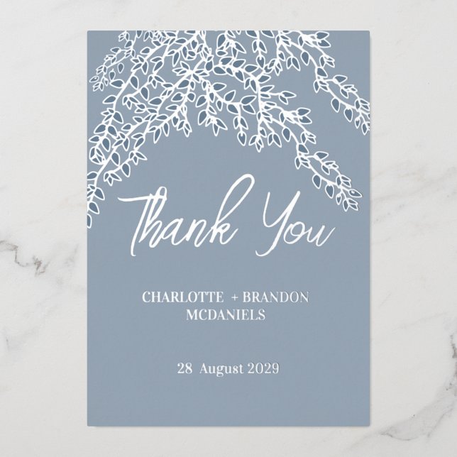  Dusty Blue Leaves Wedding Thank You Silver  (Front)