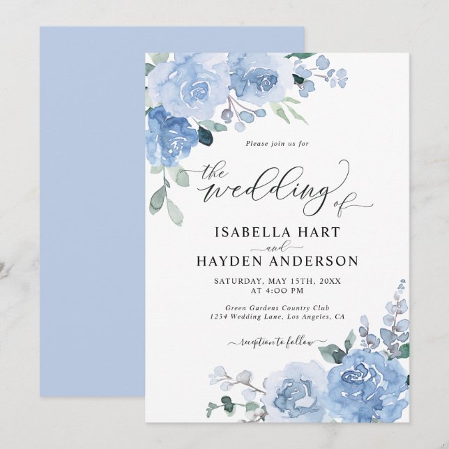 Dusty Blue Light Baby Blue Floral Flowers Wedding Invitation (Front/Back)
