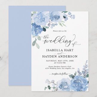 Dusty Blue Light Baby Blue Floral Flowers Wedding Invitation