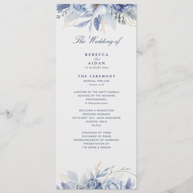  Dusty Blue & Light Blue Floral  Artwork wedding  Programme (Front)