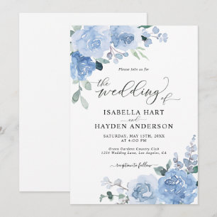 Dusty Blue Light Botanical Floral Flowers Wedding Invitation