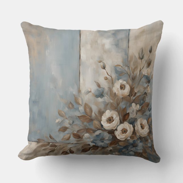 Dusty Blue Light Brown Modern Farmhouse Floral Cushion (Front)
