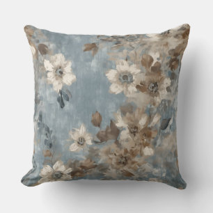 Dusty Blue Light Brown Rustic Abstract Floral Cushion