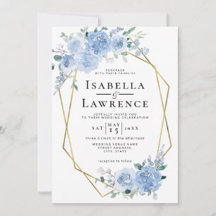 Dusty Blue Light Floral Gold Geometric Wedding Invitation
