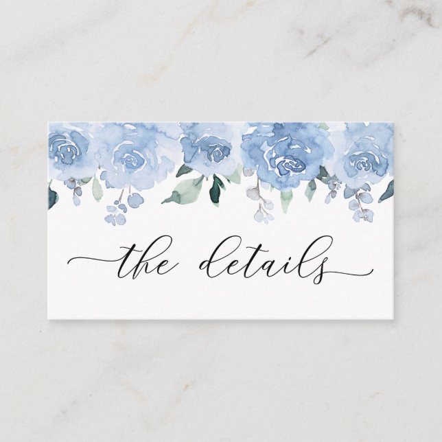Dusty Blue Light Pastel Flowers Wedding Details Enclosure Card (Front)