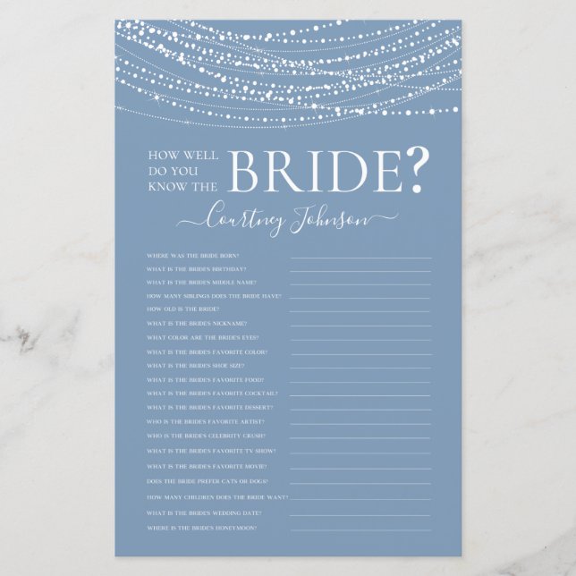 Dusty Blue Lights Bridal Shower Game (Front)