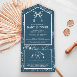 Dusty Blue Line Art Coquette Bow Baby Shower All In One Invitation