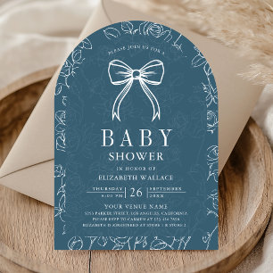 Dusty Blue Line Art Coquette Bow Baby Shower Invitation