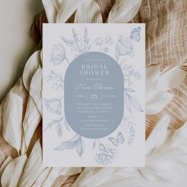 Dusty Blue Line Art Floral Butterfly Bridal Shower Invitation (Creator Uploaded)