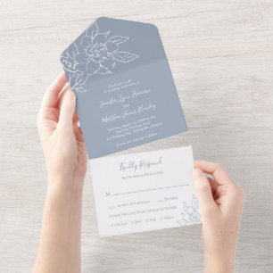 Dusty Blue Line Art Floral Elegant Wedding All In One Invitation