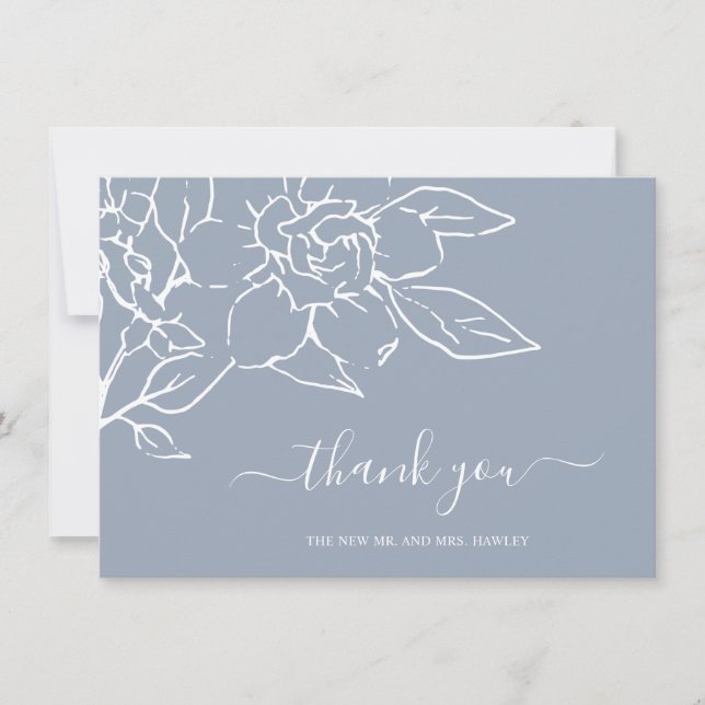 Dusty Blue Line Art Floral Elegant Wedding Thank You Card (Front)