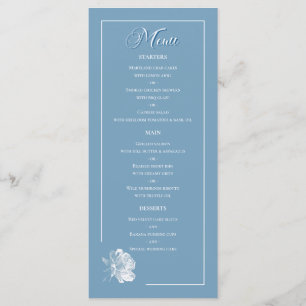 Dusty Blue Line Art Rose Dinner Courses Wedding Menu