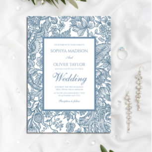 Dusty Blue Line Art Wildflowers Floral Invitation