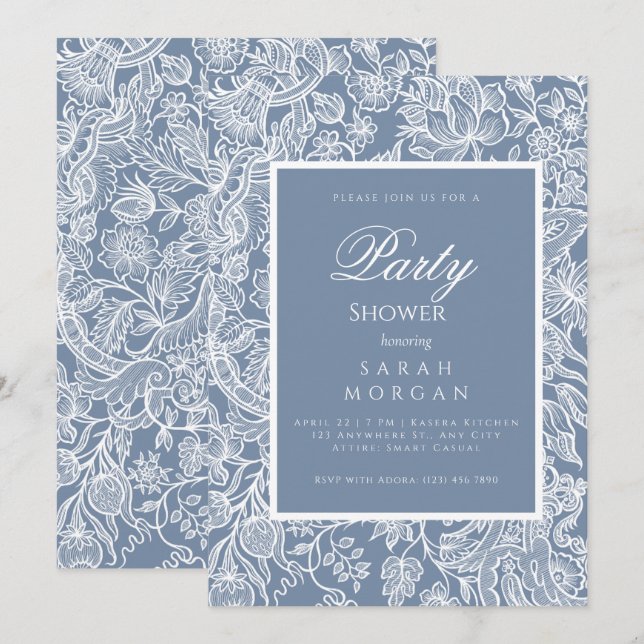 Dusty Blue Line Art Wildflowers Invitation (Front/Back)