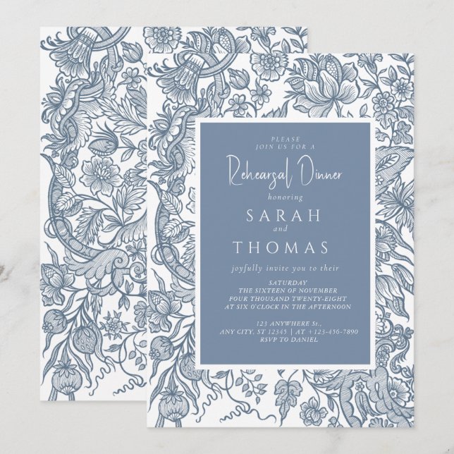 Dusty Blue Line Art Wildflowers  Invitation (Front/Back)