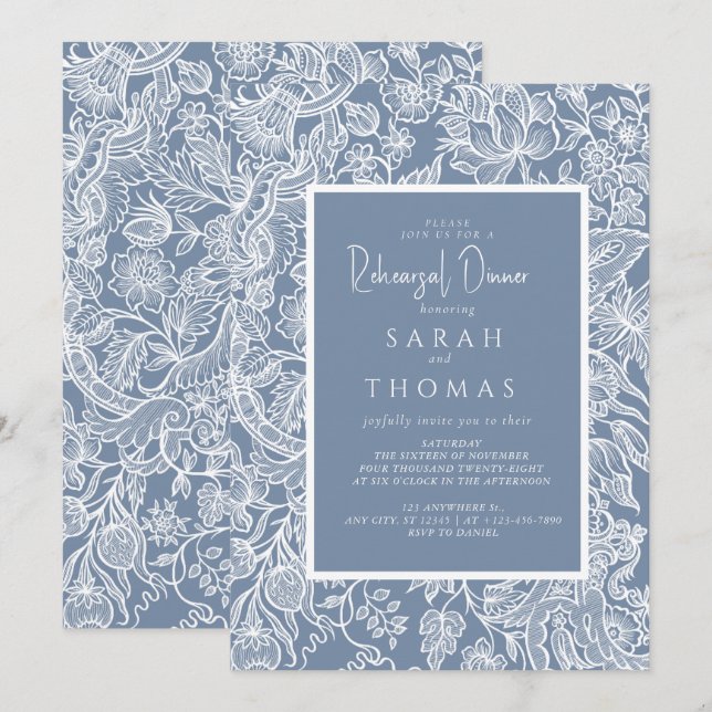 Dusty Blue Line Art Wildflowers  Invitation (Front/Back)