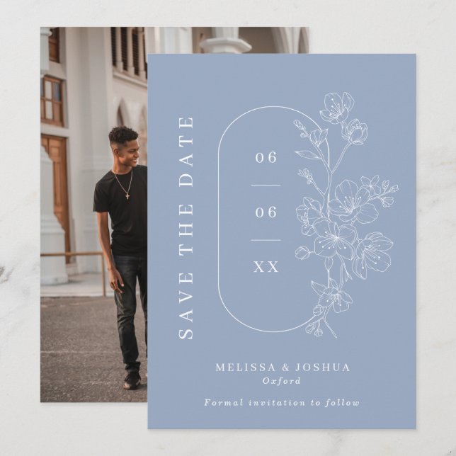 Dusty Blue Line Drawn Floral Photo Wedding Save The Date (Front/Back)