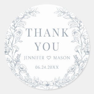 Dusty blue live floral wreath wedding thank you classic round sticker
