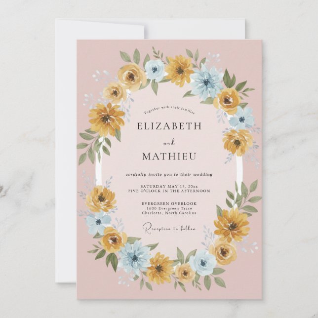 Dusty Blue Lively Floral Wedding Invitation (Front)
