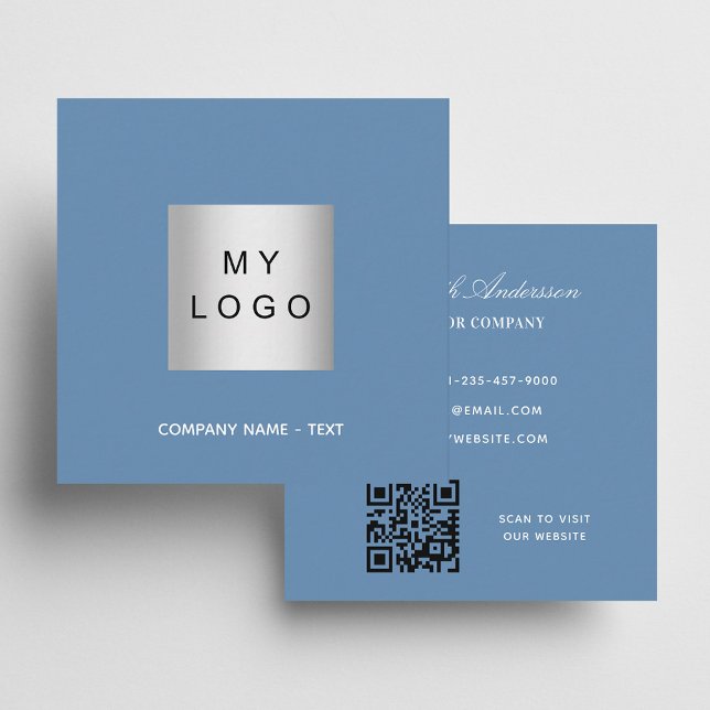 Dusty blue logo QR code minimalist Square Business Card (Creator Uploaded)