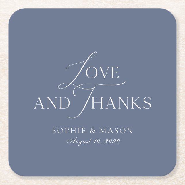 Dusty Blue Love and Thanks Wedding Favor Square Paper Coaster (Front)