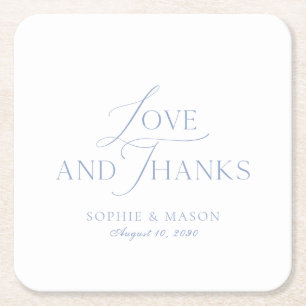 Dusty Blue Love and Thanks Wedding Favor Square Paper Coaster